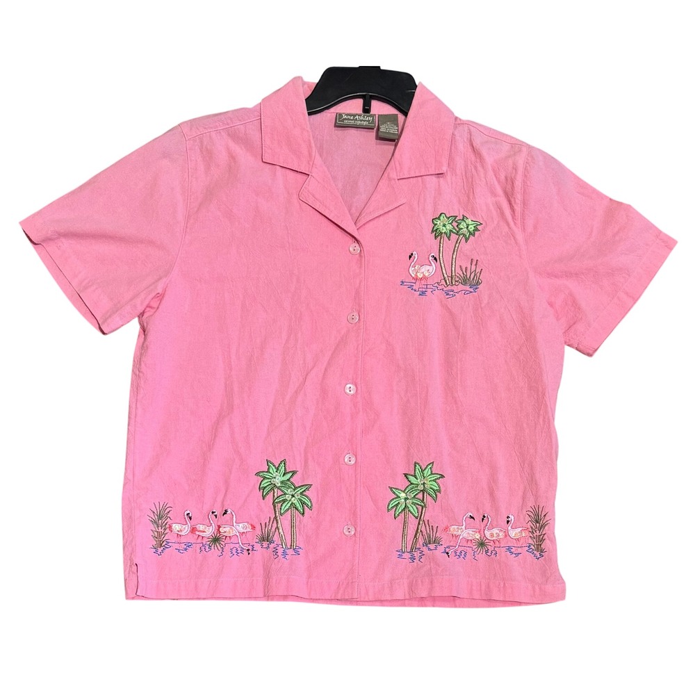 VTG Jane Ashley Shirt Flamingo Palm Tree Embroidered Button Down Pink Top Med